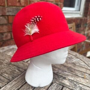 Vintage Kangol Red Wool Cloche Hat Feather Made in England